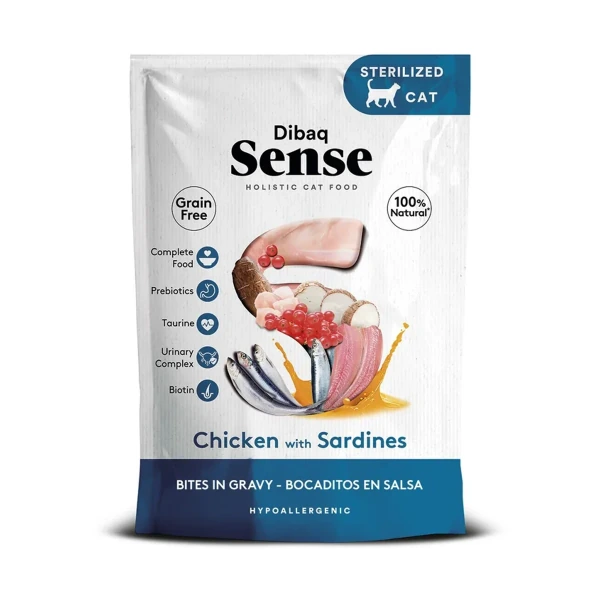 Sense Bocaditos en Salsa Cat Pollo y Sardinas, 100 g, Dibaq